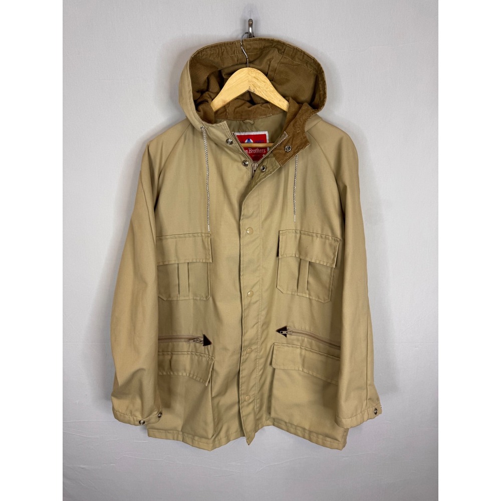 Deacon Brothers‎ Vintage Tan Canvas Hooded Field Jacket Corduroy Trim Mens L